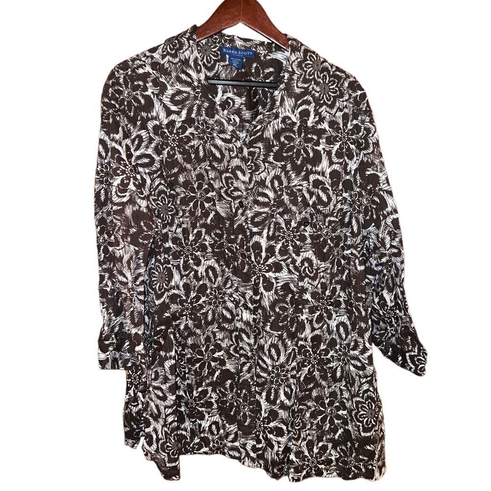 Karen Scott Woman floral print blouse with‎ adjustable tab sleeves 3X